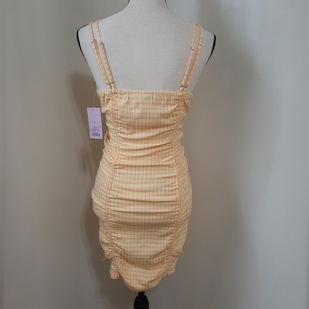NWT Wild Fable Double Ruched Yellow & Pink Gingham Cinched Bodycon Dress - Picture 6 of 7